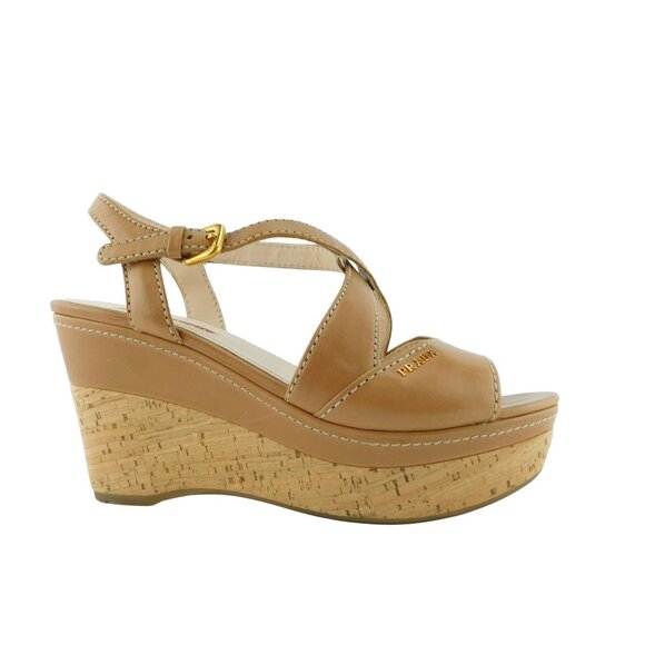 PRADA Logo Tan Brown Leather Crisscross Cork Wedge Sling Heel Sandals 37 - Picture 2 of 11